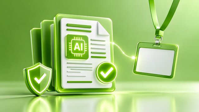 3D green document folder with AI microchip shield checkmark and ID badge representing artificial intelligence security and automated identity verification
