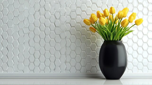 Elegant black vase with vibrant yellow tulips against a textured white hexagonal tile background in modern interior design