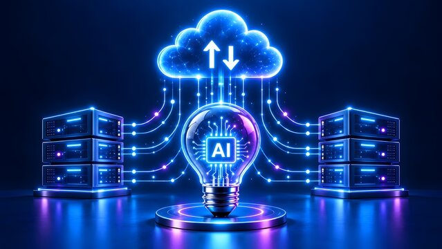 Artificial intelligence cloud server infrastructure concept. Glowing AI lightbulb connected to data center racks and digital cloud network.