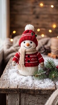 Handcrafted Snowman Figurine in Red Knitted Sweater and Hat with Beige Scarf on Rustic Wooden Table with Snow and Pine