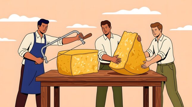 Three men cutting a giant block of cheese with a saw on wooden table