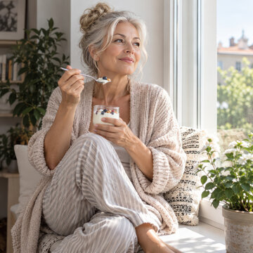 Healthy Aging Woman Eating Yogurt with Berries at Home