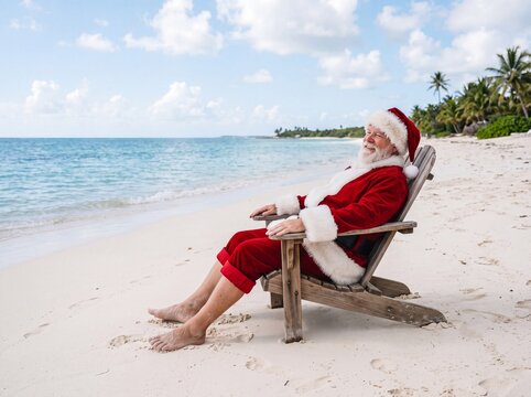 Relaxed Santa Claus Sitting Barefoot in Wooden Chair on Tropical Beach with Ocean and Palm Trees