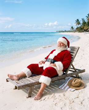 Relaxed Santa Claus in Classic Red Suit Enjoying a Sunny Tropical Beach Vacation on Wooden Lounge Chair