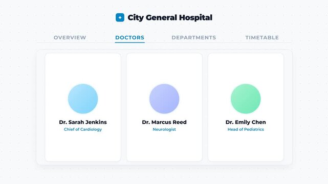 Frame-by-frame animated navigation menu tailored for a healthcare theme. The active tab performs a gentle, single pulse (scale and glow) upon becoming active.