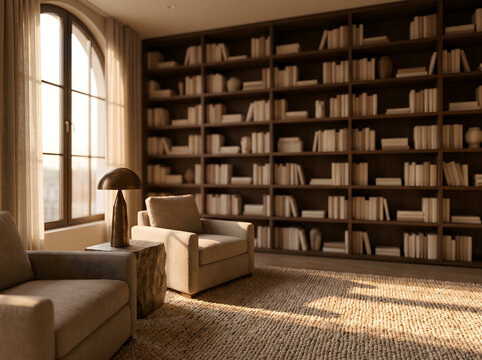 Cozy and elegant apartment clubhouse library interior featuring comfortable armchairs, large bookshelf, and sunlight