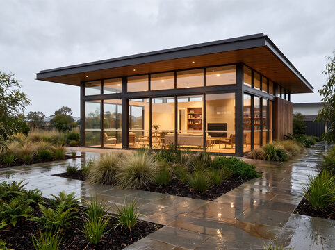 Modern luxury apartment clubhouse exterior featuring glass walls, warm interior lighting, and a rainy courtyard.