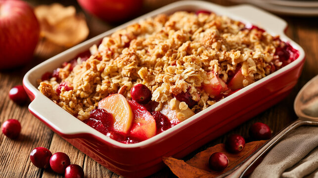 Realistic commercial photo of cranberry apple crumble in a ceramic baking dish, golden oat topping, fresh cranberries and autumn leaves 