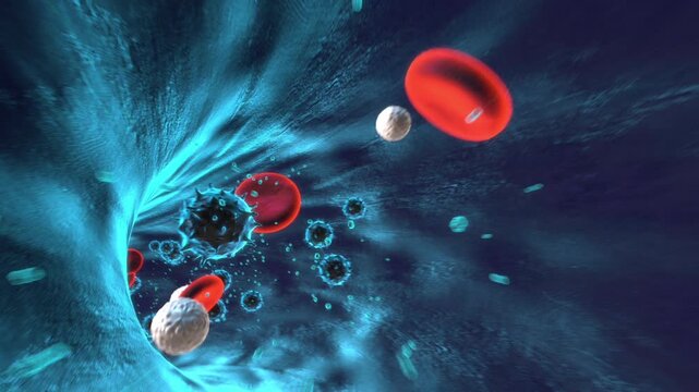 Virus Particles and Blood Cells Drifting in Blue Fluid
