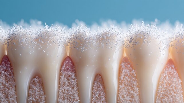 Close-Up Macro of Healthy Tooth Enamel with Fine Details of Dentin and Gum Tissue Under Soft Blue Background
