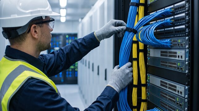 Data Center Network Cabling Technician Organizing Server Rack Connections for Reliable Enterprise Infrastructure Maintenance
