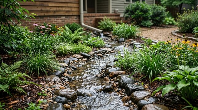 Serene Garden Stream Flowing Through Lush Greenery and Rocks