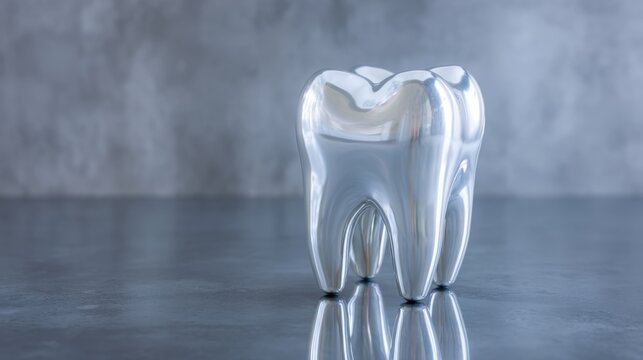 Polished Silver Tooth Sculpture on Gray Background Reflects Modern Dental Artistry and Creative Design Concepts