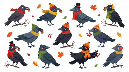 Fototapeta premium Cute black raven characters wearing cozy winter scarves and hats with autumn leaves and acorns