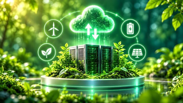 Green data center concept with server racks digital cloud and renewable energy icons powered by solar and wind representing sustainable technology.