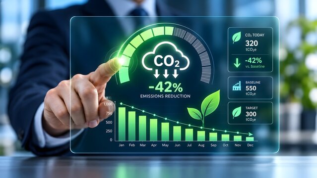 Businessman tracking carbon footprint reduction on a digital dashboard with green charts and CO2 emission statistics