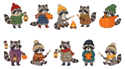 Fototapeta premium Cute cartoon raccoons in winter clothes holding pumpkins and lanterns for cozy autumn season