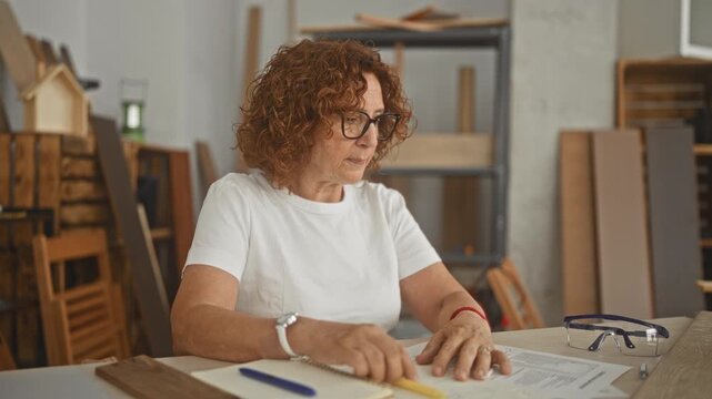 Woman arranging papers with hands and ruler at a wood workshop studio desk; concentration craft precision.