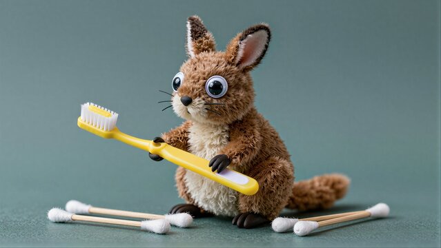 Cute bunny holds toothbrush, surrounded by cotton swabs on green background.