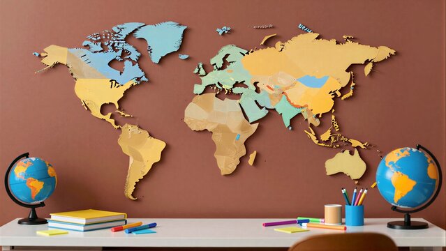 Colorful world map decorates a study desk with globes, books, and pencils.