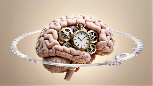Brain with gears and clock, symbolizing thought processes and time.