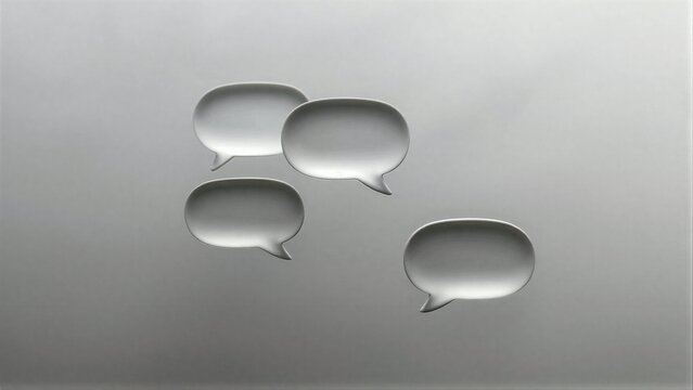 Four translucent speech bubbles float silently against a soft gray background.