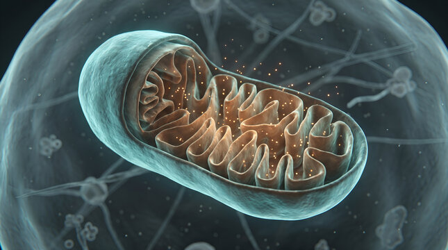 Realistic mitochondrion producing ATP through cellular energy metabolism, designed for biology education, medical communication, biotechnology presentations, and scientific content.