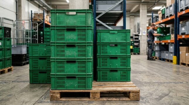 Stacked Green Plastic Crates on a Wooden Pallet in a Warehouse