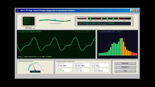 Retro 90s UI Style Dial-up Modem Handshake HUD with Seamless Loop, Telecommunications Technology History Campaign