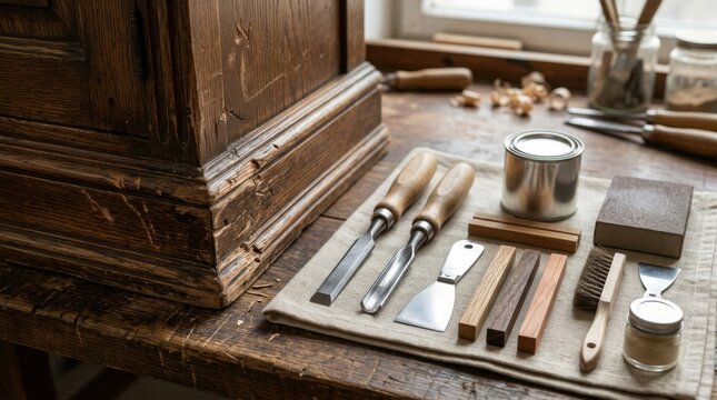Antique Woodworking Tools and Materials on a Vintage Workbench