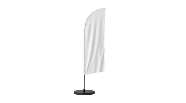 Blank white feather flag mockup on black base isolated on white background