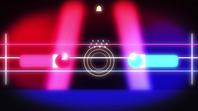 Abstract rhythmic light display with glowing spheres moving on neon lines against red and blue background fx