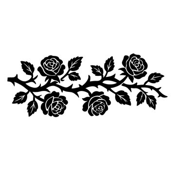 Black rose vine border with thorns and leaves, horizontal floral divider, vector silhouette ornament isolated on white background