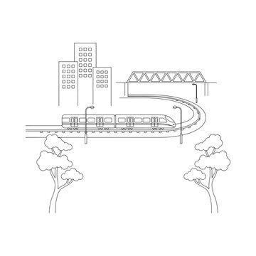 Linear cityscape with monorail train and trees on white background