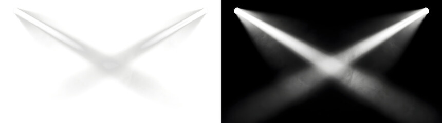 Fototapeta premium Two soft spotlight beams from top corners crossing in an X shape through light smoke for stage scenes in PNG, Transparent and Black Background Versions