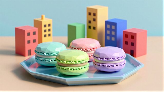Colorful macarons on a tray with geometric city buildings in the background.