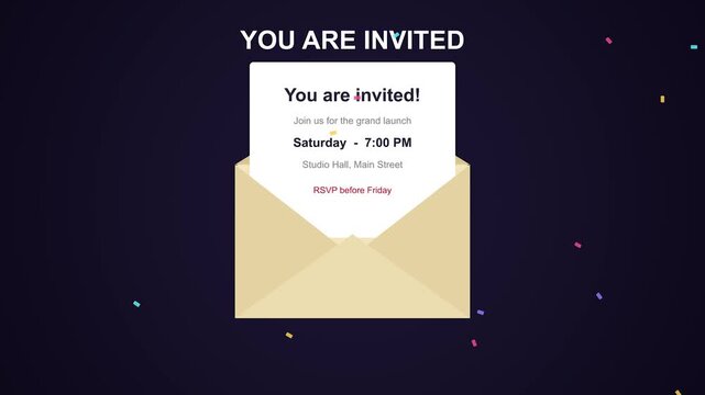 Animated invitation envelope opens revealing grand launch event details on dark background confetti