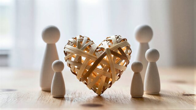 Wooden figures surround a woven heart, symbolizing family love and unity.
