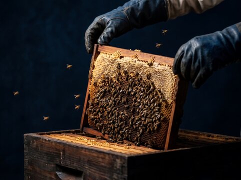 Beekeeper in gloves holding honey bee frame full of honeycombs.