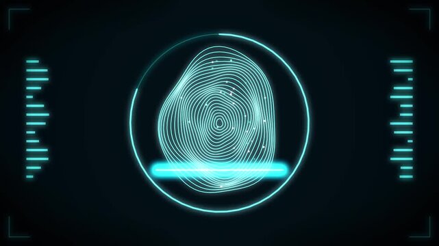 Biometric fingerprint scanner interface with neon blue light scanning wavy lines and digital data on screen