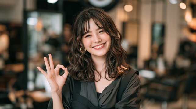 美容室で片手のOKジェスチャーをする若手ヘアスタイリスト