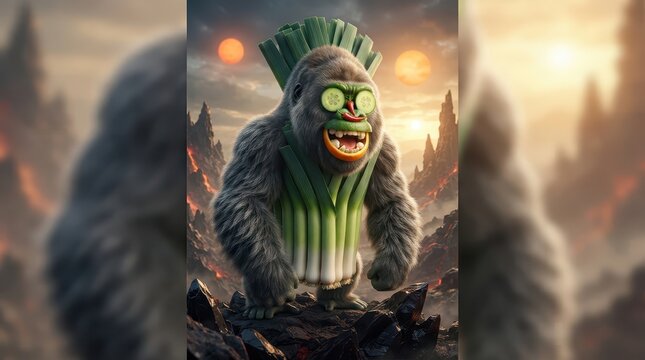 Hyper fantastical creative food art hybrid character portrait with exaggerated green vegetable features.