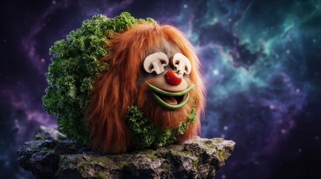 Hyper fantastical creative food art hybrid character portrait with whimsical expression in cosmic background.