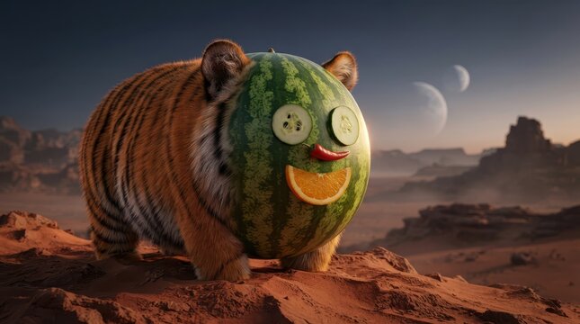 Hyper fantastical creative food art hybrid character portrait in surreal desert landscape with celestial backdrop.
