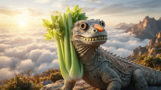 Hyper fantastical creative food art hybrid character portrait with lizard face holding celery.