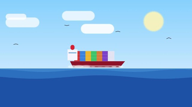 Minimalist cargo ship sailing across deep blue ocean under bright sun with flying seagulls vector animation