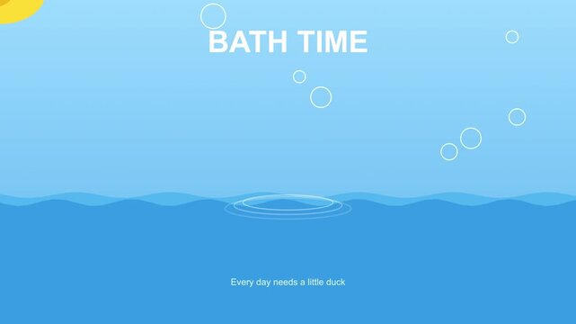 Minimalist bath time animation featuring ripples on blue water with floating bubbles and text on clear sky background