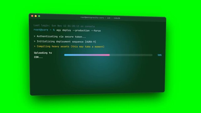Ultra-premium 4K motion graphics asset featuring a dynamically floating 3D Glassmorphic Code Terminal against a pure greenscreen background. The terminal executes a complex server deployment sequence