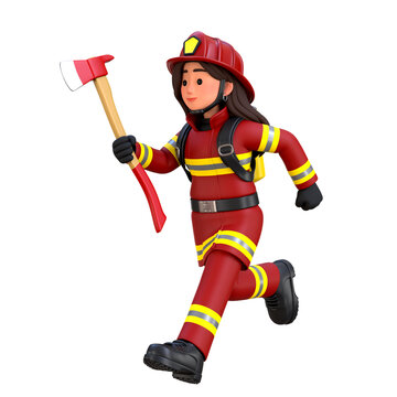 3D Render Female Firefighter Character running with axe