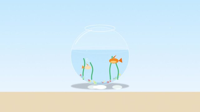 Minimalist vector cartoon of orange goldfish swimming in small round glass bowl against light blue backdrop